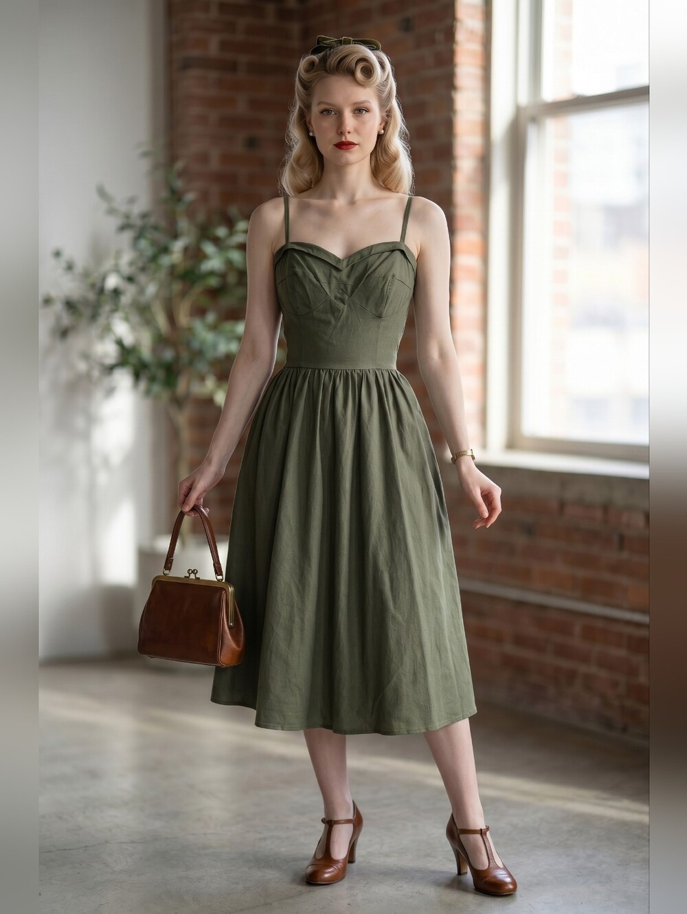 Stop Staring! Olive Green Sweetheart Spaghetti Strap Retro Swing Dress Size L